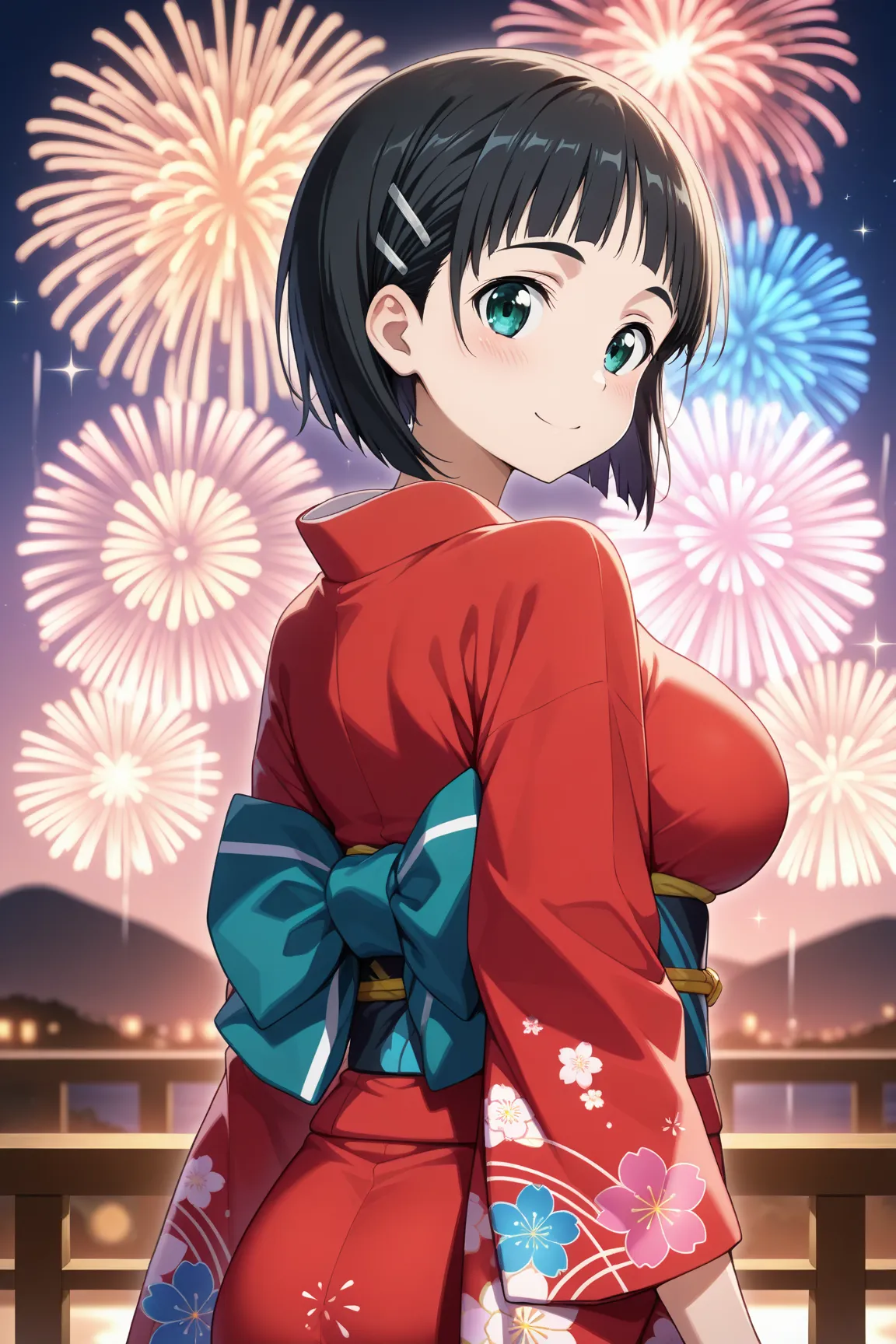 masterpiece,best quality,{{detailed beautiful face and eyes}}, very detailed background,
Suguha Kirigaya,short hair,bob cut,black hair,hairclip,green eyes,large breasts,
1girl,((kimono)),
aerial fireworks, blurry background, blush,fireworks,
smile,from beh...