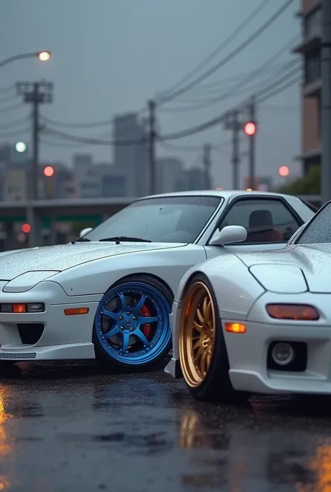 "Create a photorealistic scene featuring two iconic sports cars parked side by side. On the left, display a pristine white Nissan Silvia S15 (commonly known as a 'sileighty') in its stock condition, highlighted by vibrant blue alloy rims. On the right, sho...