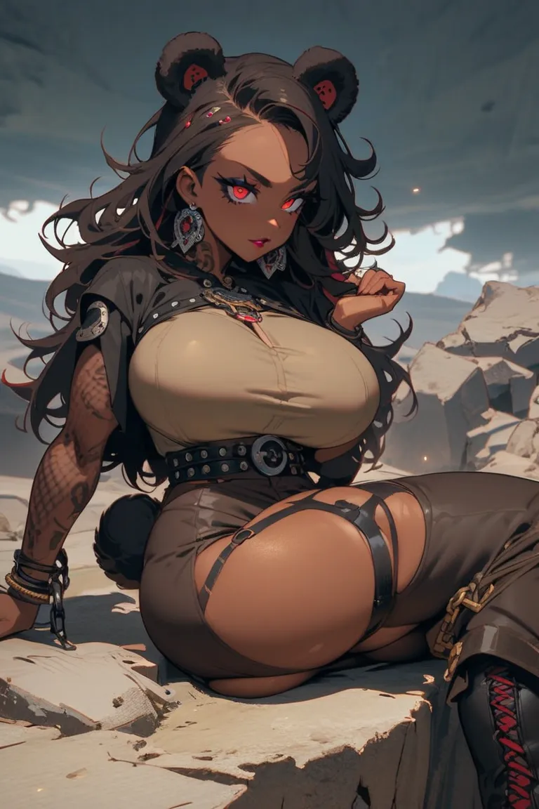 A brown women with red and black hair and red eyes and jewels in hair and cool earrings and has makeup and eyeliner and lipstick and a outlaw outfit and has bear ears and a bear tail and  fit with big breasts and a big ass and a houglass waist and has dual...