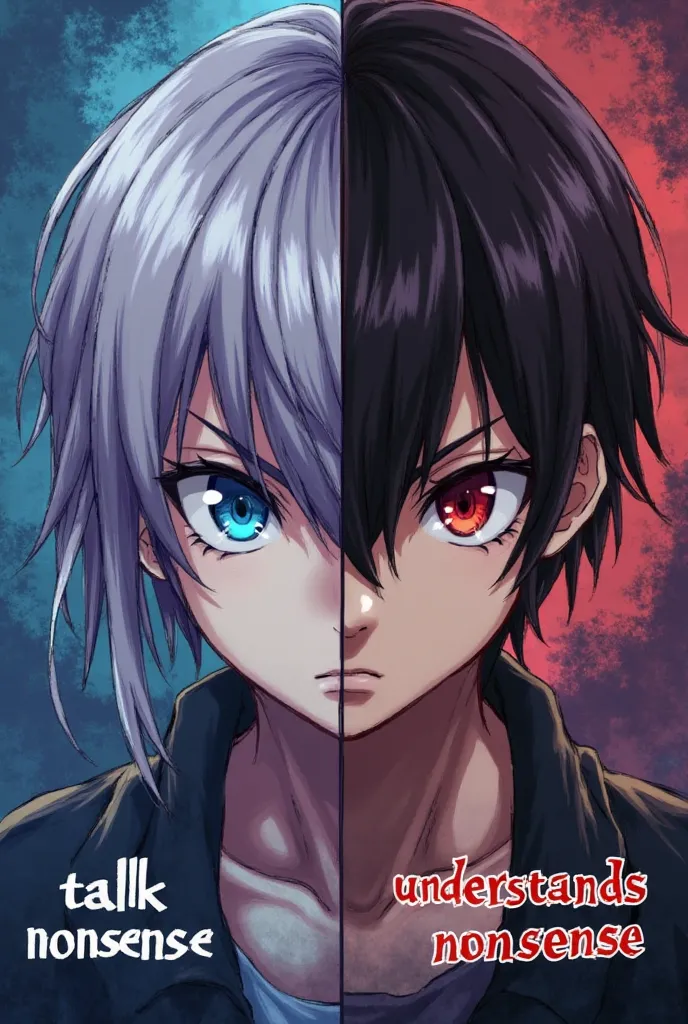 A split-image composition featuring two anime-style characters.  The left half depicts a character with light-purple/gray hair and striking light-blue eyes, appearing serious or thoughtful. The right half showcases a character with dark brown/black hair an...