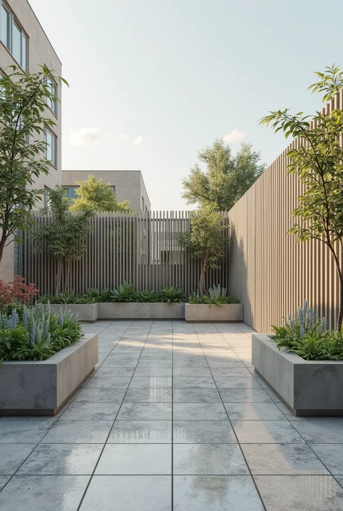 Professional 3D rendering of the design of fences around the terrace in the form of an artificial facade using special rods with suitable design for pouring water and green boxes for under the fence in a modern and minimal style