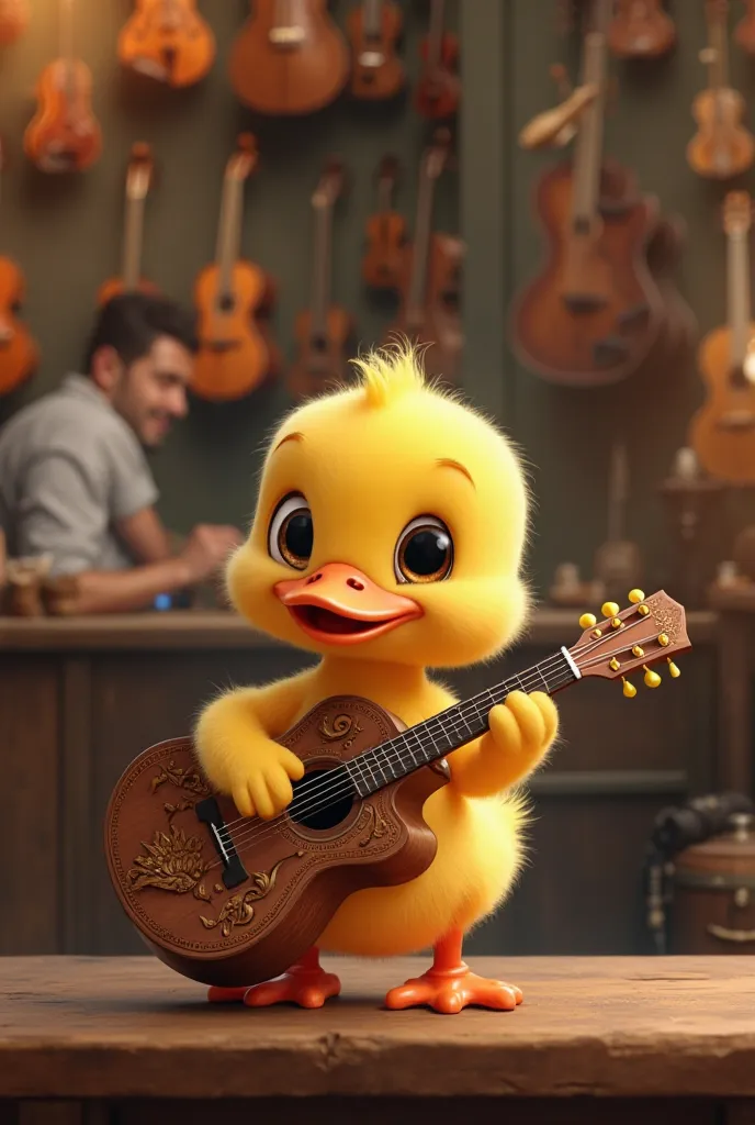 Prompt:
"A cute and lively yellow duckling with big, expressive eyes and a cheerful smile, standing on a wooden counter in a beautifully decorated vintage music shop. The duckling is holding a stylish brown guitar with intricate carvings, and its tiny wing...