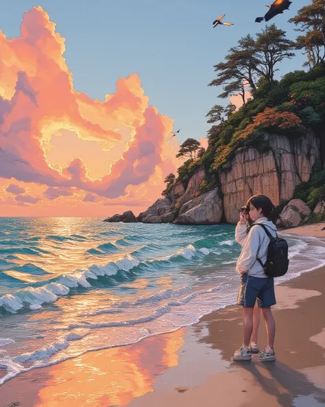 "A digital painting of a young traveler standing on the shore, capturing a breathtaking sunset with a camera. The sky is painted in warm hues of orange, pink, and blue with scattered, fluffy clouds. Gentle ocean waves reflect the golden sunlight, and silho...