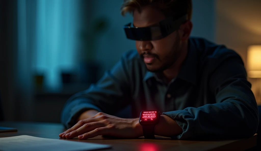 Using reference face, Create A cinematic shot of a blind man sitting in a dimly lit study room. His hand lies on the table nearby. His high-tech smartwatch on his wrist, glowing with a red warning signal or danger alert. The watch display is sleek and futu...