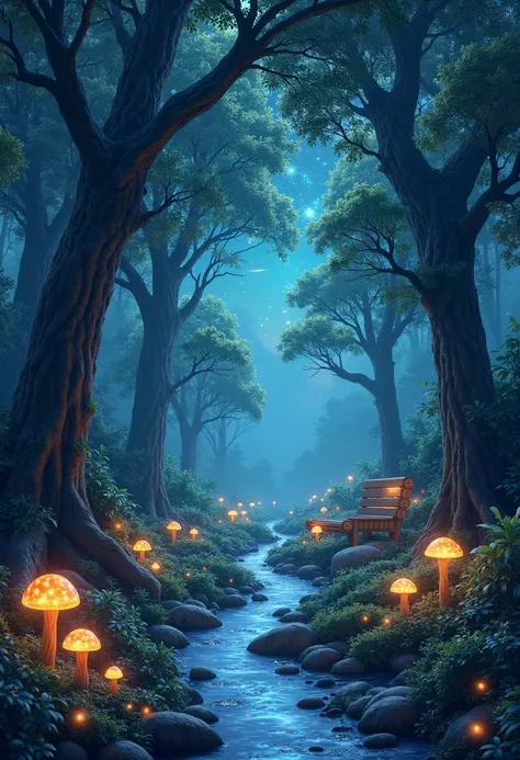 ((high quality)), ((masterpiece)), ((highly detailed)), A peaceful forest clearing under a starlit night sky, where a gentle stream glows with bioluminescent light. The trees are tall and ancient, their leaves shimmering in shades of dark green and silver ...