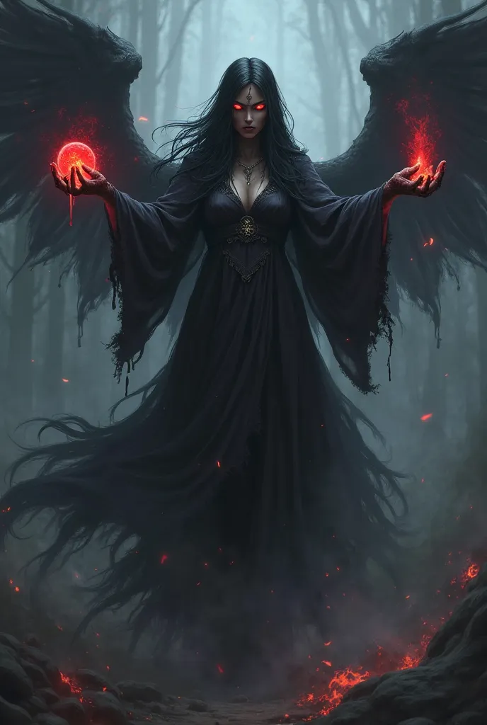 Dark Black women are like shadows without light, with a dark purple glow radiating from his body.

Eyes glowed red with a terrifying aura.

Has four hands—two of which carry the orb of darkness, while the other two hovered, ready to cast a spell.

x} The b...