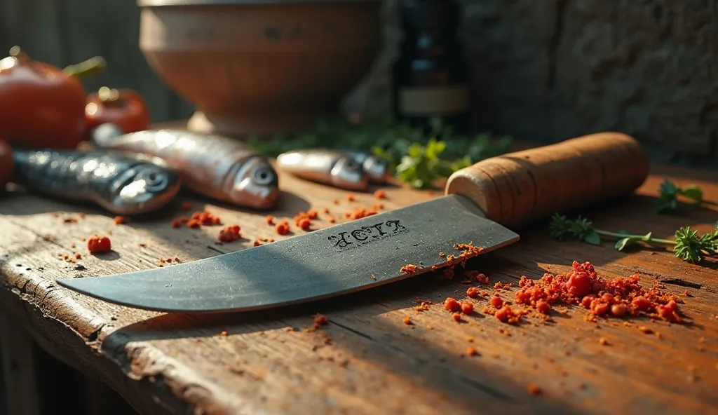 Create a hyper-realistic, cinematic image of a traditional fish-cutting blade, known as a *boti*, commonly used in West Bengal, India. The image should feature the *boti* prominently, with its sharp, curved blade mounted on a wooden base. The texture of th...