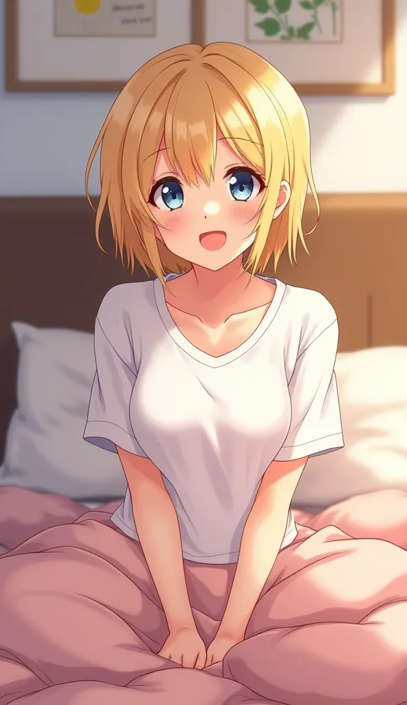 Anime girl 25 years old blonde short hair short hair blue eyes dressed up with a white tshirt, qui est dans son lit
Grand sourir, She wakes up 