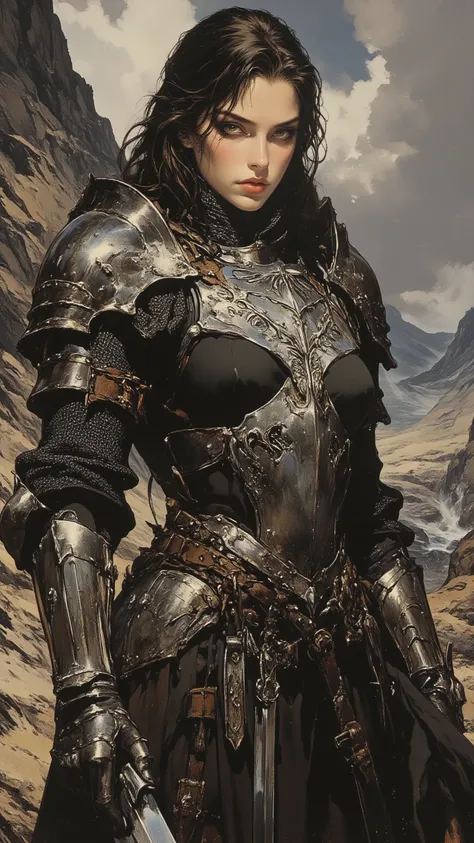 Female Knight，full body, A Strong Woman with a Mysterious Temperament ， Wayne Reynolds draws，with a highly detailed and dynamic style, 