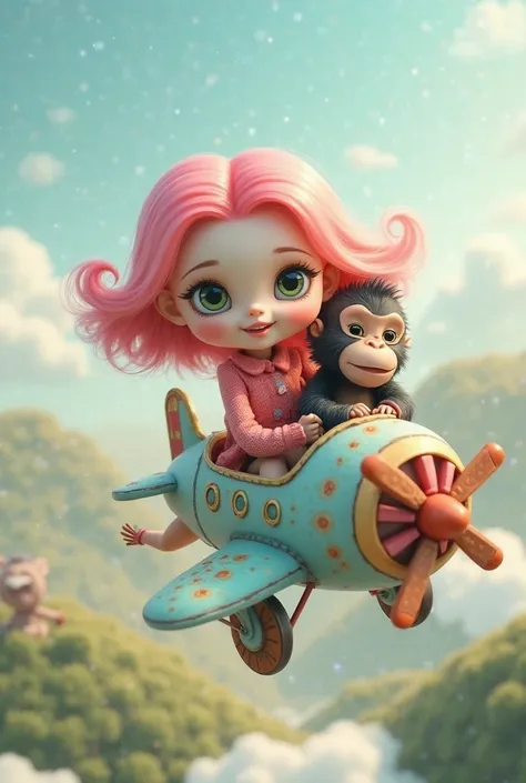 a pretty doll with green eyes and pink hair .with his little gorilla. Who flies an airplane 