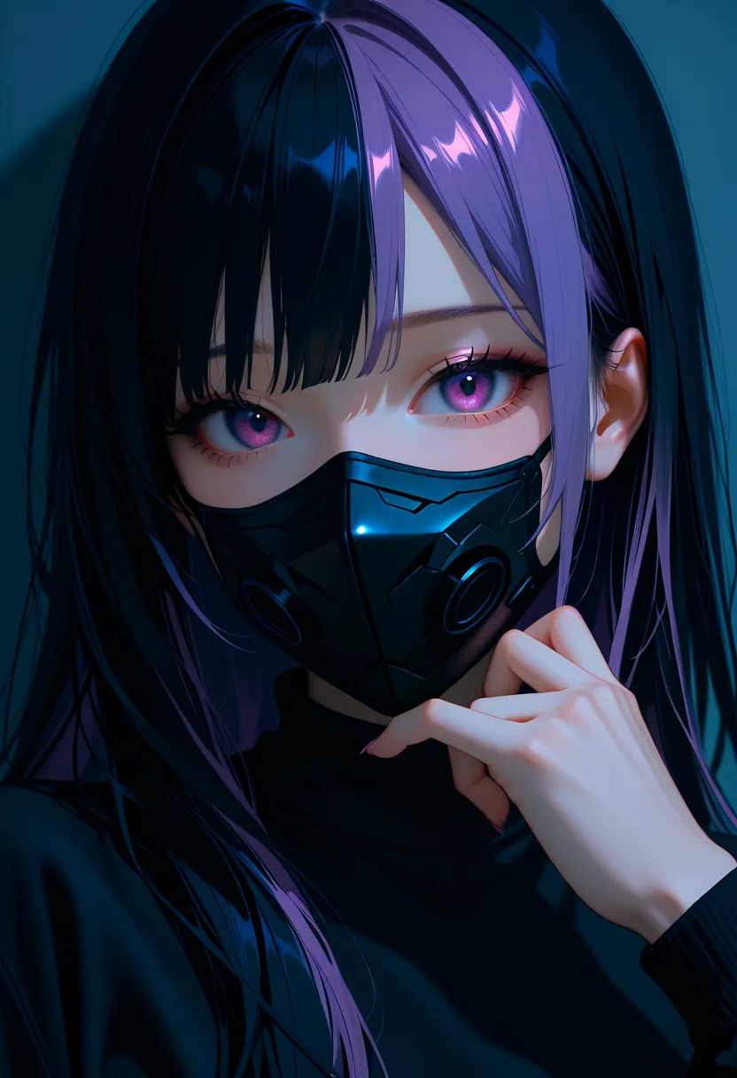 1 woman, long hair, black hair with light purple highlights, light purple eyes, beautiful face, wearing a cool black mask, wearing black clothes.