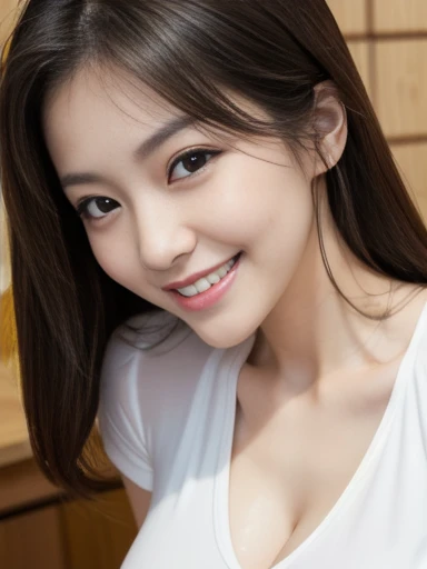 white T-shirt, (downblouse:1.3), leaning forward, focused on chest, from above front, ((masterpiece)), ((best quality)), (ultra-detailed), ((beautiful eyes)), Japanese female, (slender:1.3), ((30 years old)), beautiful, (cheerful grin:1.3), 