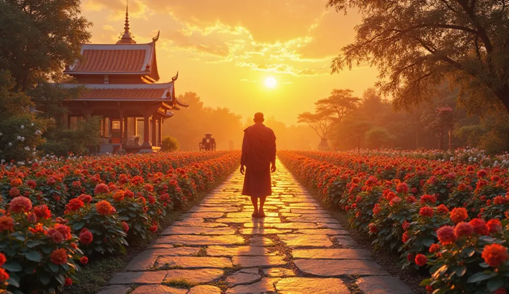  
"A beautiful sunrise over a temple garden. A monk is walking down a stone pathway, bathed in warm, golden light. The vibrant colors of the flowers and the sky reflect the peace and clarity of the monk’s path."
