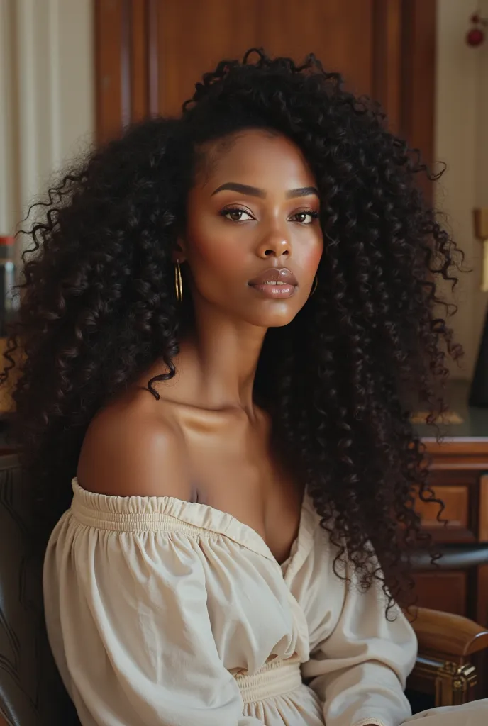 African woman with white skin and long curly hair let her be in the office with beautiful background 