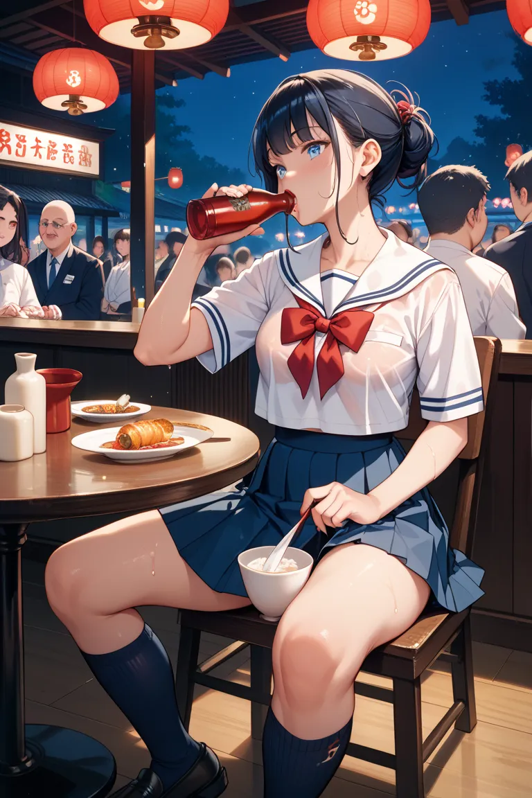  White Sailor Suit ,navy blue pleated skirt, navy blue high socks,Married woman with short black hair and black bob wearing black loafers,Athletic build,My cheeks are red and full,Sweaty,I'm cosplaying ,Late Night,Japanese restaurant ,dim,candle,crowd,I'm ...