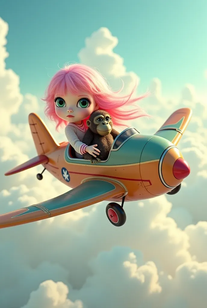 A pretty doll with green eyes and pink hair .with his little gorilla. Who flies a big plane 