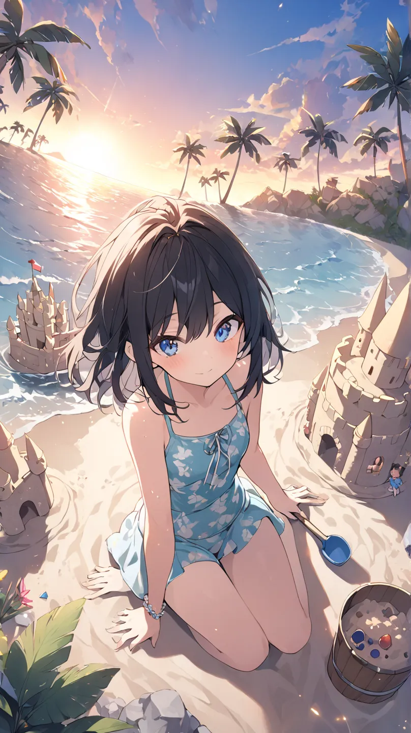 1 girl, strand、 palm trees、 Rock Field、Sunset、 sandy beach、Playing in the sand、Sand Castle、bucket、scoop、swimsuit、summer、sit、blue eyes,  black hair、middle hair、dutch angle, The way hair flutters in the wind、wide angle、Wide angle、from above、