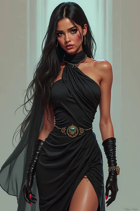 Arabian female wearing black cocktail dress. Illustrated in the style of Artgerm as a cyberpunk graphic novel with a transparent background, hyper-realistic and hyper-detailed digital portrait painting, concept art with dramatic lighting, from ArtStation, ...