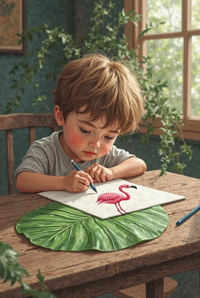 A drawing of a boy drawing a flamingo on a leaf on a table 