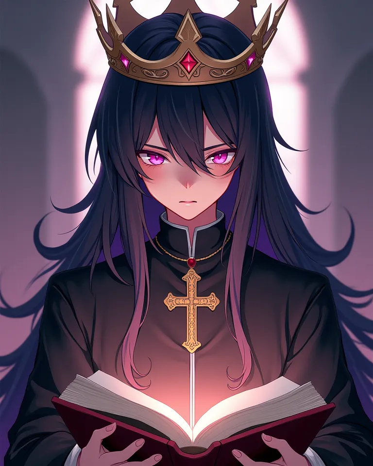 young man in dark robe,  Priest ,  cross necklace, long black hair with a crown on his head and pink eyes、Anime style reading a、book with a crown on my head