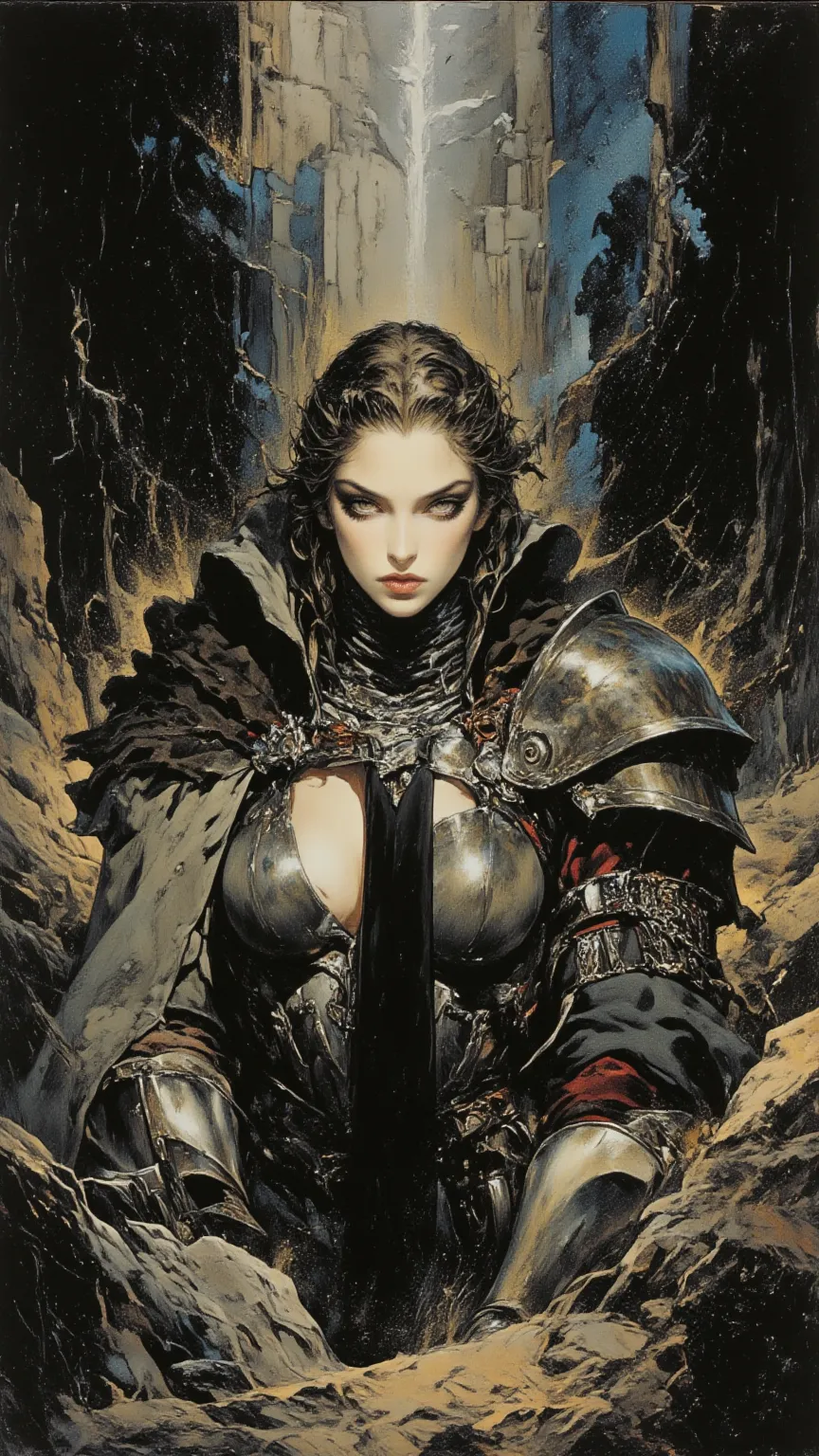 Female Knight，full body, A Strong Woman with a Mysterious Temperament ， Wayne Reynolds draws，with a highly detailed and dynamic style, 