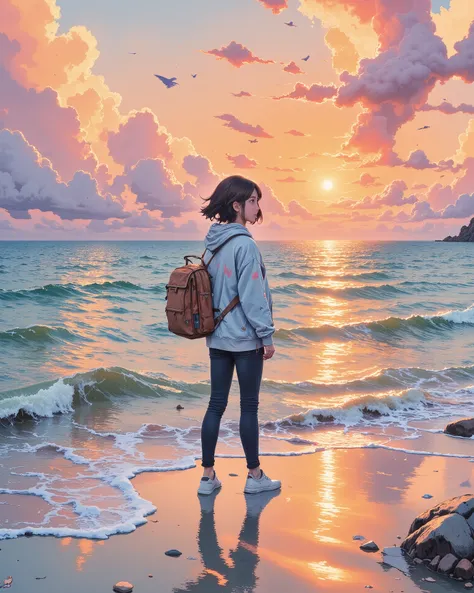 "A digital painting of a young traveler standing on the shore, capturing a breathtaking sunset with a camera. The sky is painted in warm hues of orange, pink, and blue with scattered, fluffy clouds. Gentle ocean waves reflect the golden sunlight, and silho...