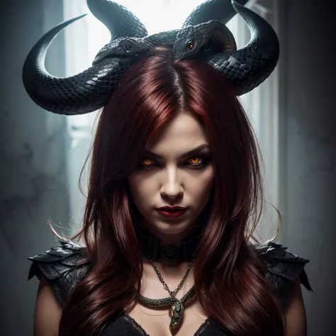 Evil demoness with a head of snake, snakes in her hair, yellow eyes
