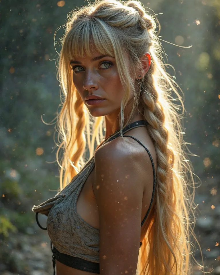  Woman,Warrior goddess, with very long, straight hair with braids, bun and blonde bangs, con armadura  very sexy minimalista,bunda fitness,cuolna, Minimalist set breasts,with a powerful team, blue eyes, eyes thickly lined with black,  very sexy,ass with sh...