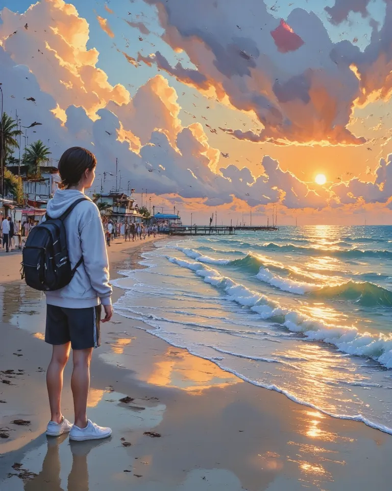 "A digital painting of a young traveler standing on the shore, capturing a breathtaking sunset with a camera. The sky is painted in warm hues of orange, pink, and blue with scattered, fluffy clouds. Gentle ocean waves reflect the golden sunlight, and silho...