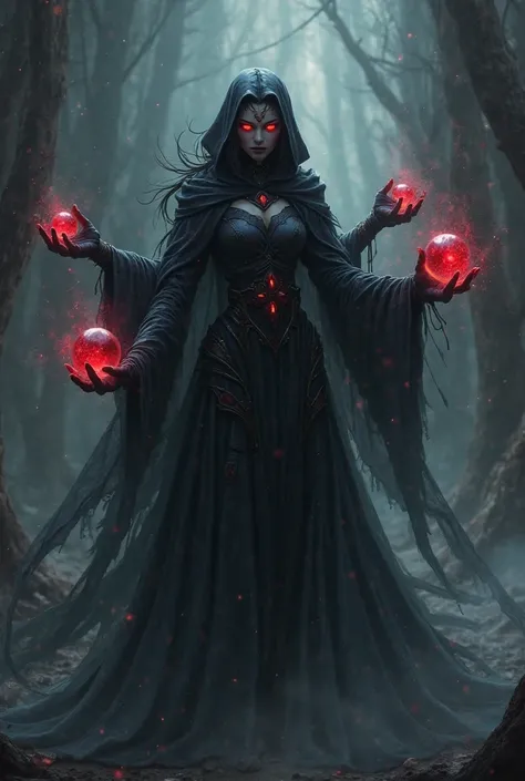 Dark Black women are like shadows without light, with a dark purple glow radiating from his body.

Eyes glowed red with a terrifying aura.

Has four hands—two of which carry the orb of darkness, while the other two hovered, ready to cast a spell.

x} The b...