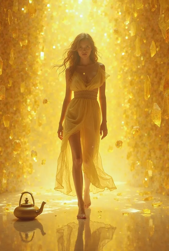 Beauty bella with flying yellow crystals walking on the floor with one kettle 
