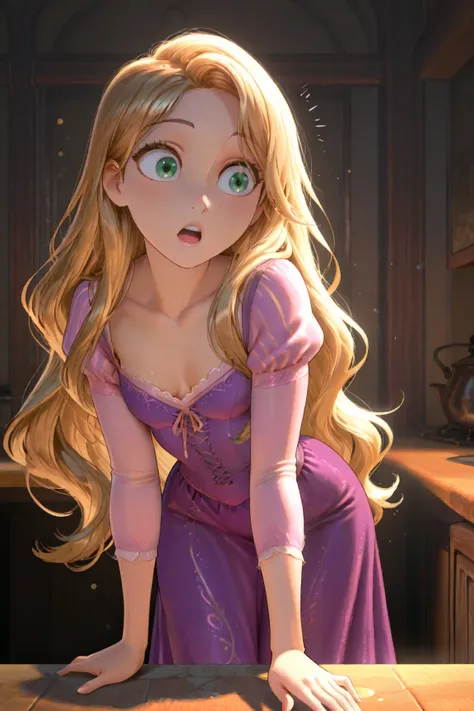 Rapunzel, small breasts, masterpiece, best quality, surprised, from behind, looking back at viewer, standing up, leaning over bar counter, small ass, purple dress