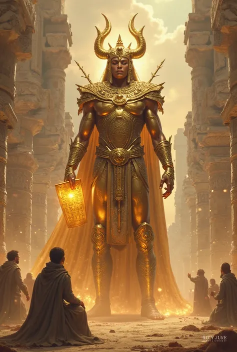 A majestic Anunnaki god, tall and otherworldly, with golden skin and intricate armor, holding a glowing cuneiform tablet. In the background, ancient Sumerian ruins rise from the sands, with humans kneeling in reverence. The sky shimmers with celestial ener...