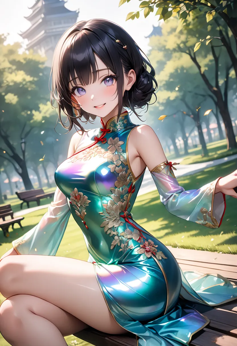 Black hair, (Cowboy Shot), ((wearing iridescent gradient sleeved cheongsam features intricate and luxurious embroidery, shiny satin fabric, accessories, superlative body proportion, gorgeous and gorgeous effects)), Shiny Costumes, (skindentation), break, s...