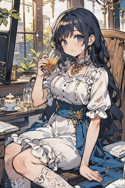  1 girl , 40 years old,   office，glass，Drinking tea，lace