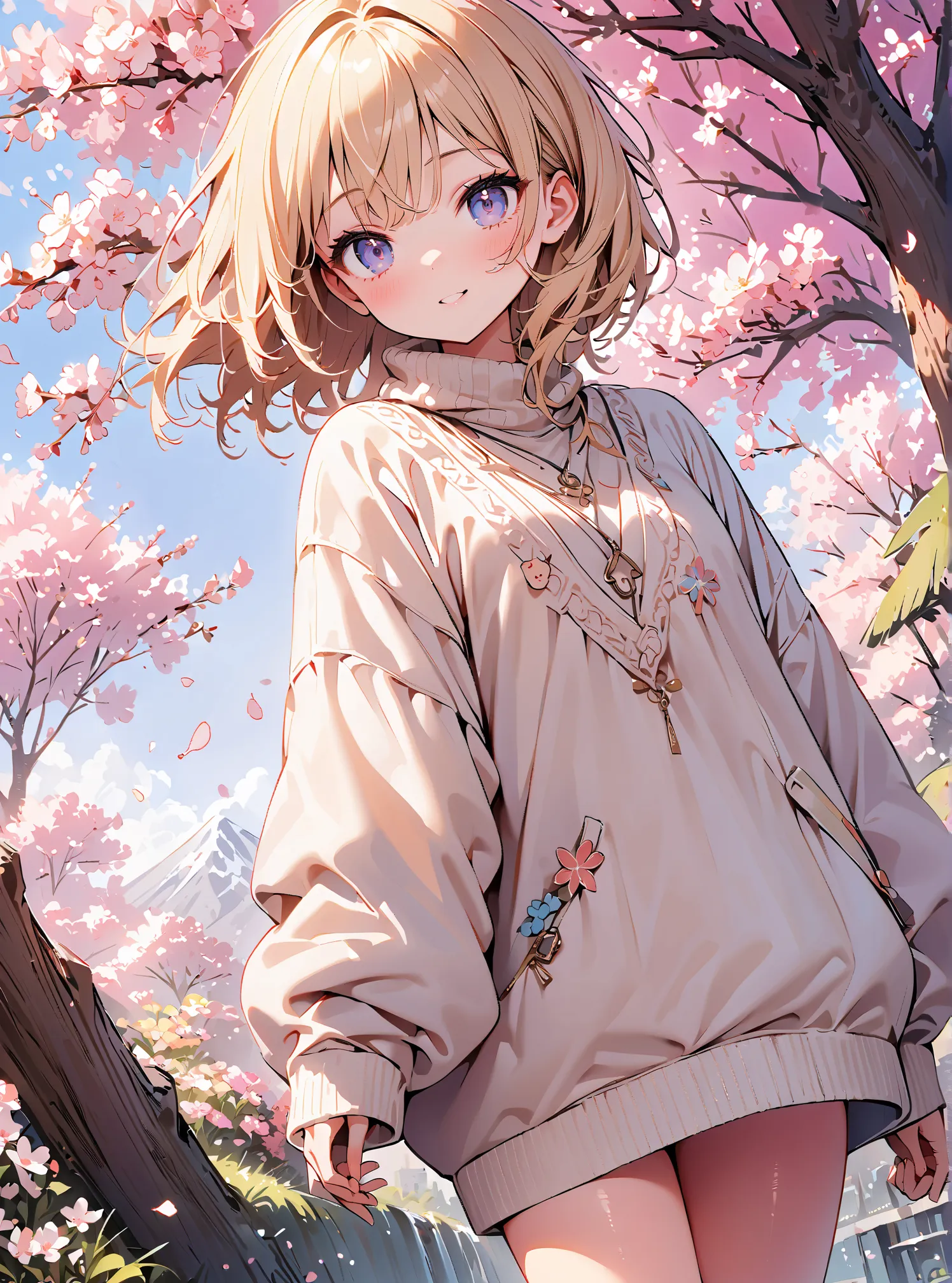 1 Girl, cute, (((masterpiece))), many decorations, high quality, high quality, (((extremely detailed))), 8k, background design,cherry blossom,petals,(((background Design))),kirakira,(((cowboy shot))),spring,spring fassion,long sleeve,sweater,