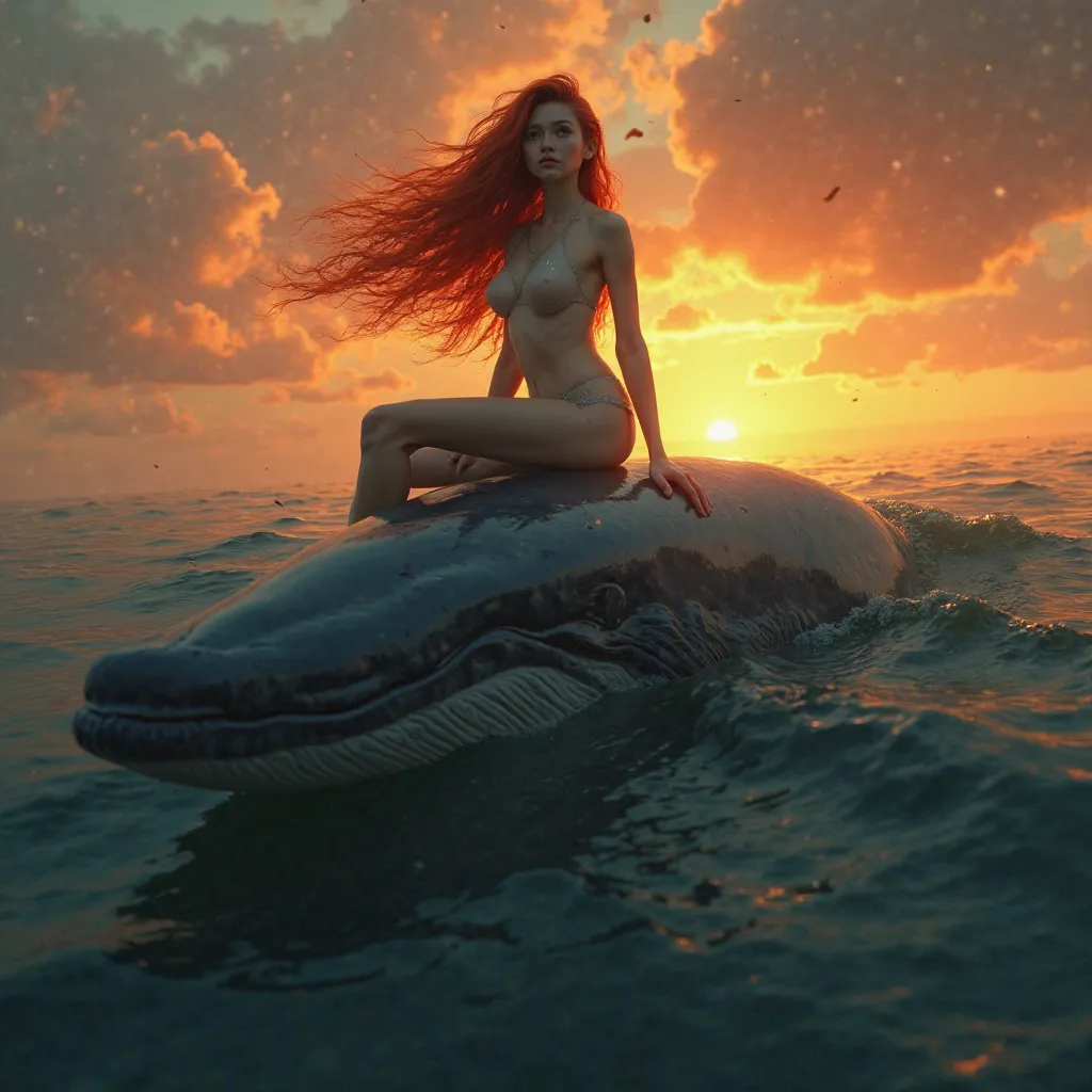 Mixed race woman with red hair sitting on a whale with a sunset in a dark background 
