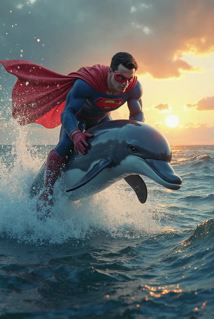 "A highly detailed and realistic digital painting of a superhero in a red and blue suit with a mask, riding on the back of a leaping dolphin in the middle of the ocean. The superhero grips the dolphin tightly, leaning forward as waves splash around them. T...