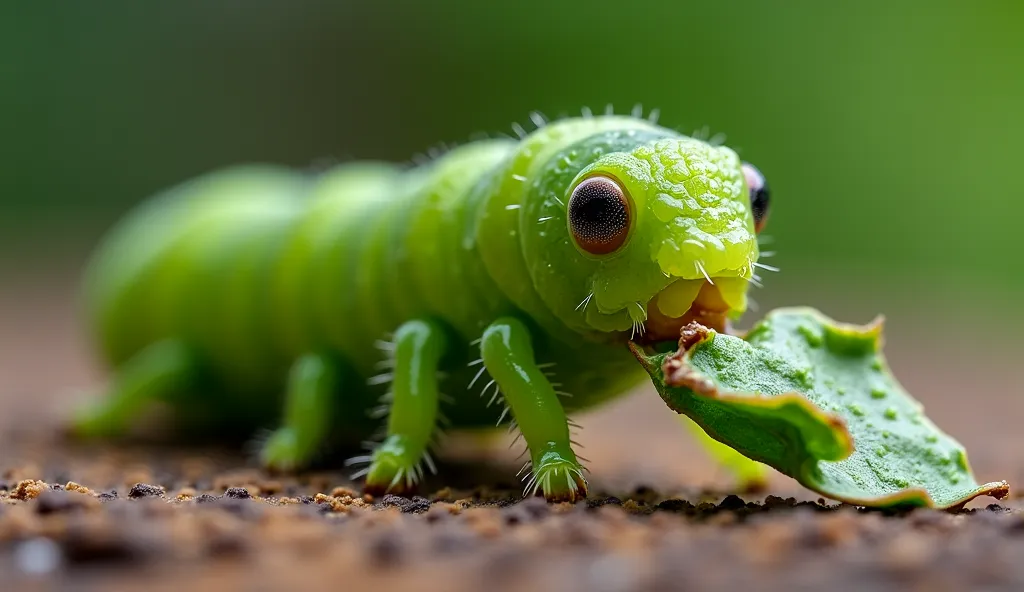 A high-resolution close-up photograph of a green caterpillar with a segmented, textured body and a rounded head, actively eating a small piece of leaf in front of it. The caterpillar's mouth is gripping the fragment, with fine details of its mandibles visi...