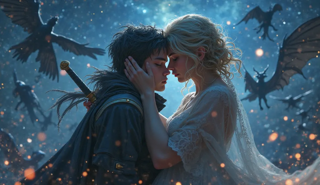  fantasy。Attacked by many flying demons、While hugging a beautiful blonde woman who cries and closes her eyes、A young man who never gives up and fights with a sword。Stars that shine like crystals at night。4K