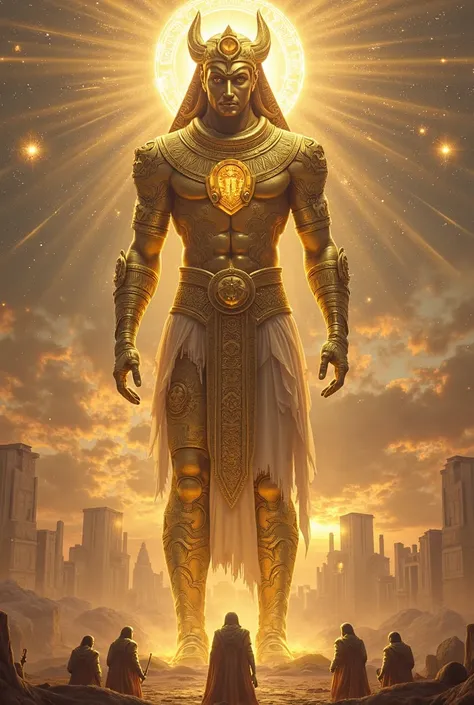 A majestic Anunnaki god, tall and otherworldly, with golden skin and intricate armor, holding a glowing cuneiform tablet. In the background, ancient Sumerian ruins rise from the sands, with humans kneeling in reverence. The sky shimmers with celestial ener...