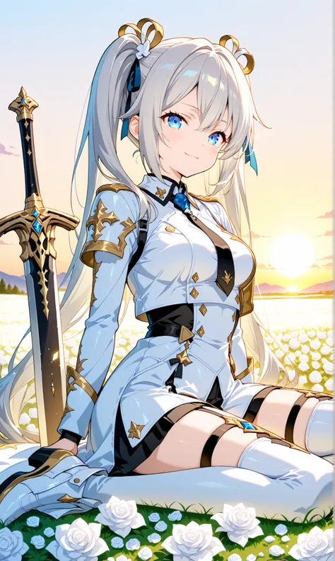 (watercolor:0.4)、( pastel :0.6)、 1girl 、tie long jet black twin tails with faint white highlights with a ribbon、knight in a white rose military uniform、Blue eyes。an expression where you can sit on the ground and place a sword on its side、Trying to stand up...