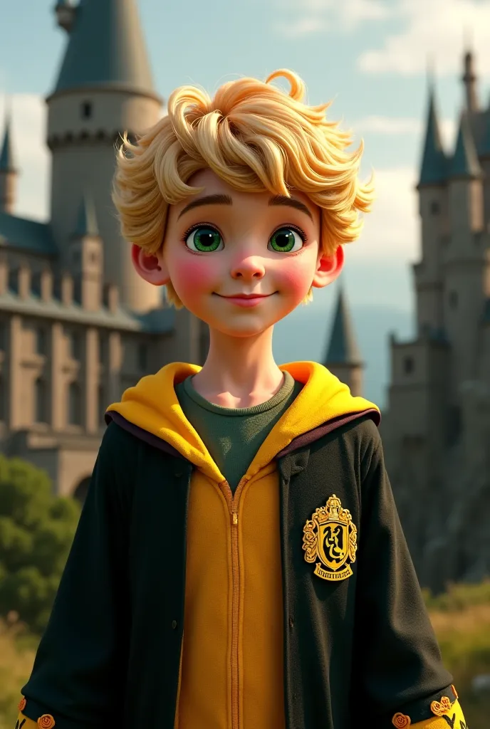 Create a boy with blond curly hair,Green eyes and light skin color with Hogwarts Huffelpuff clothes in yellow