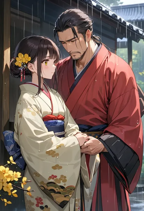 (Masterpiece, BestQuality:1.2),rainy day, A handsome middle-aged man wearing ronin clothes during the Edo period. A girl in a poor kimono hands a man a branch of yellow-Yamabuki flowers.sad expression,