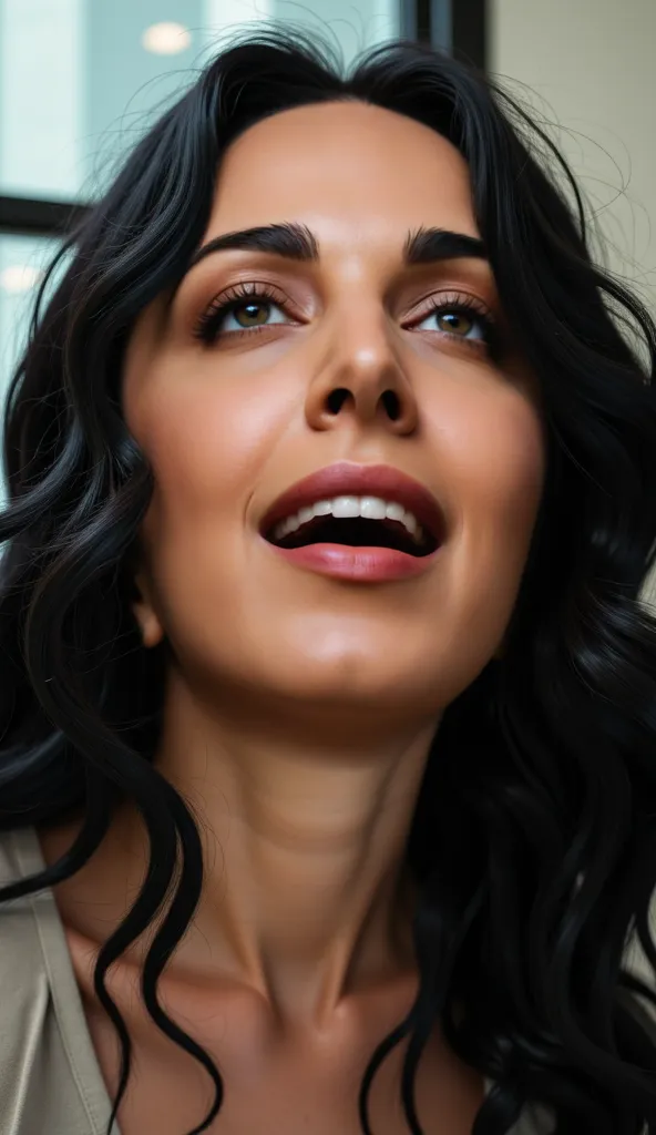 happy face,(  facial focus ), opening her mouth wide , Excessive cum with an open mouth , penis in the mouth ,happy, in the office, wavy black hair , looking up,to throw,