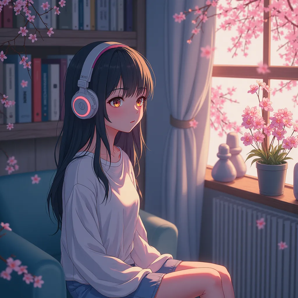 Anime style, (dreamlikeart), (soft focus), cozy room setting, girl with headphones, [(Lofi beats:1.3)|ambient music], (anime art), [(cherry blossoms|bookshelf:0.5)], [reflective surface:0.8], [(pastel colors:1.2)|subdued tones], [(attention to details:1.1)...