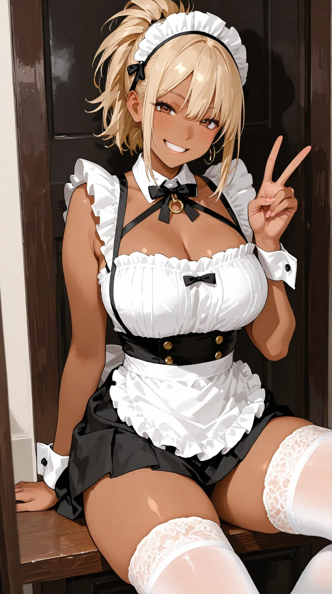 thigh high socks　unconventional maid　valley　brown skin　 Light Blonde　peace sign　grin　ponytail