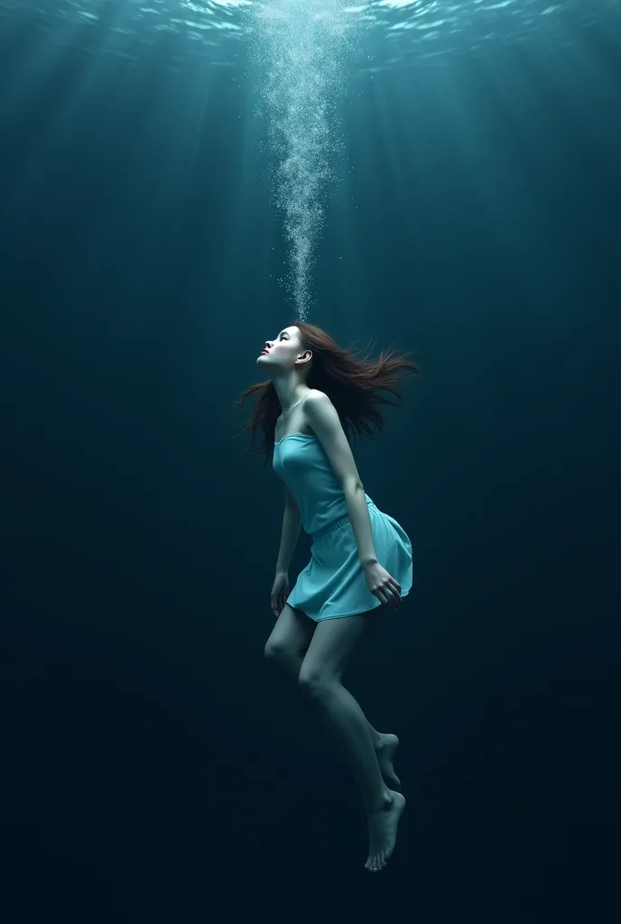 dark blue tones , the girl lies on the bottom of, on the back, emitting air in the form of several bubbles, looks up where the surface is not visible. 