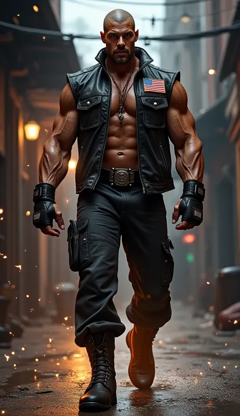 USA – The Street Brawler Champion
A towering American fighter with a muscular build, resembling a pro-wrestler and street fighter hybrid. He wears a sleeveless leather jacket with an American flag patch, fingerless gloves, and military boots. His buzz-cut ...