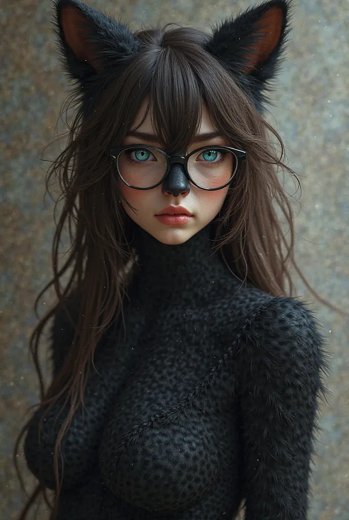 Furry black cat girl looking more humanoid with blue eyes and brown hair with glasses